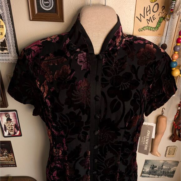 Vintage Velvet Asian Style Maxi Dress Women's 12 Petite Black Purple Floral - Picture 3 of 7